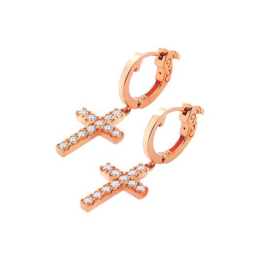 14k Gold Cross Charm Hoop Earrings with Lab-Grown Diamonds