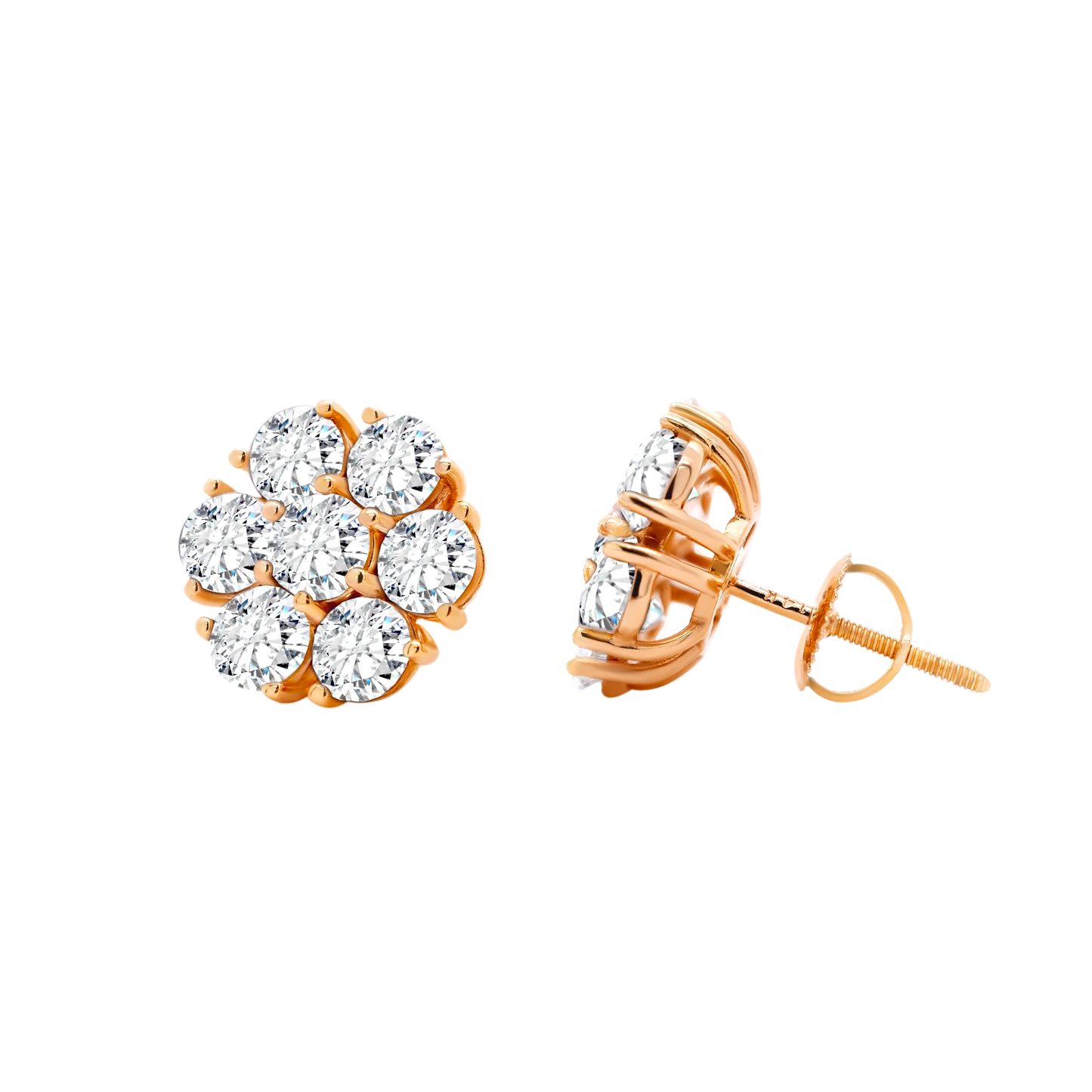 14k Gold Flower Cluster Lab-Grown Diamond Stud Earrings (Screw Back)